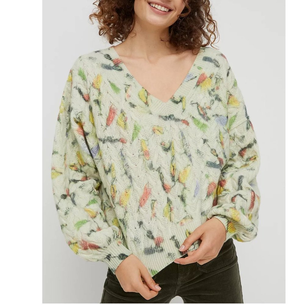 Anthropologie Fisherman Catch of the Day Cable-Knit Wool Sweater Fly Fishing